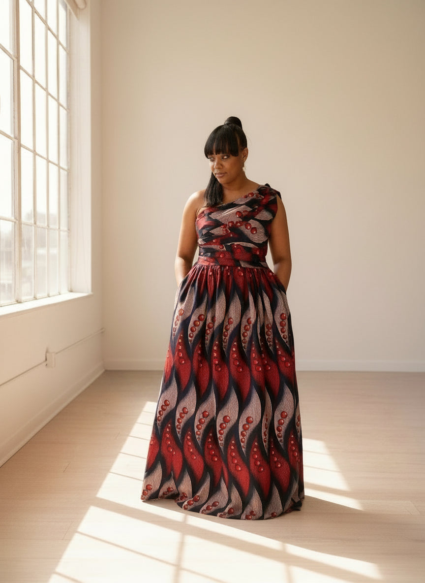 One-Shoulder Red Wave African Print Gown