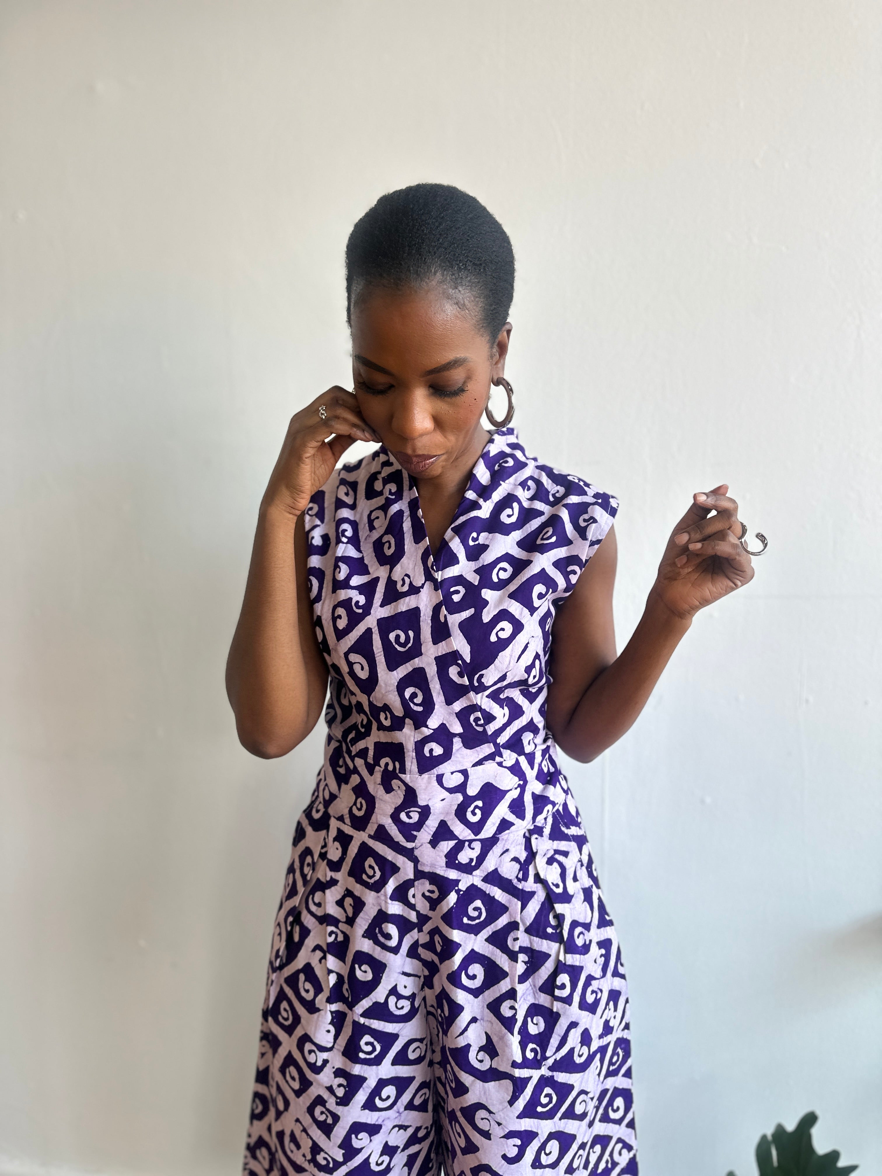 The Hadithi Culotte Jumpsuit- Purple Batiki