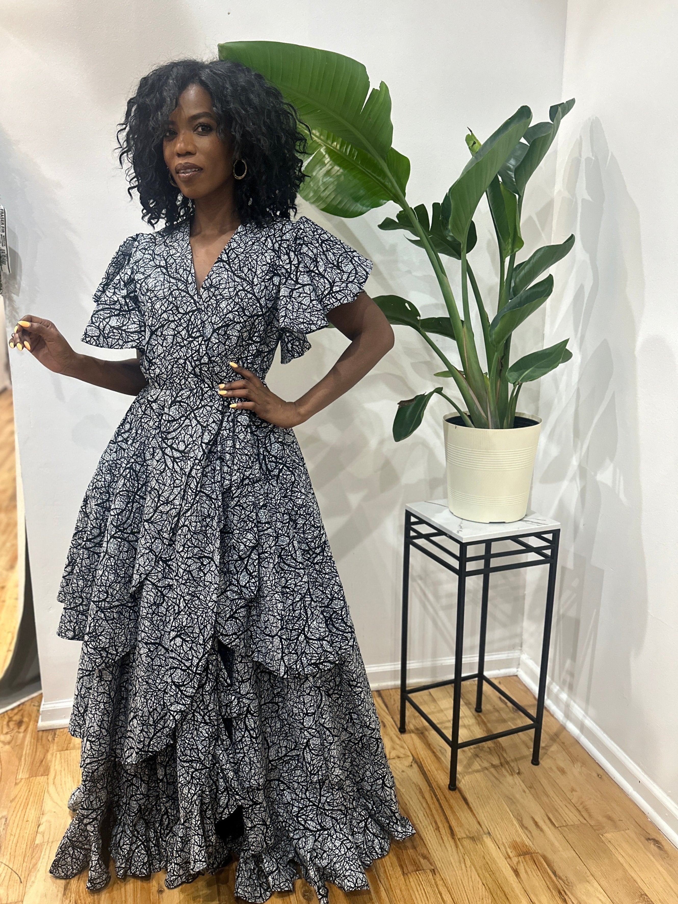 Elegant African Print Black and White Multi-Layered Dress ILAVA Elegant African Print Black and White Multi-Layered Dress ILAVA