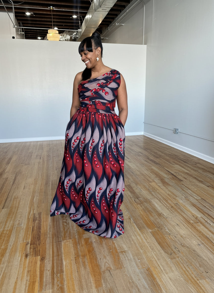 One-Shoulder Red Wave African Print Gown