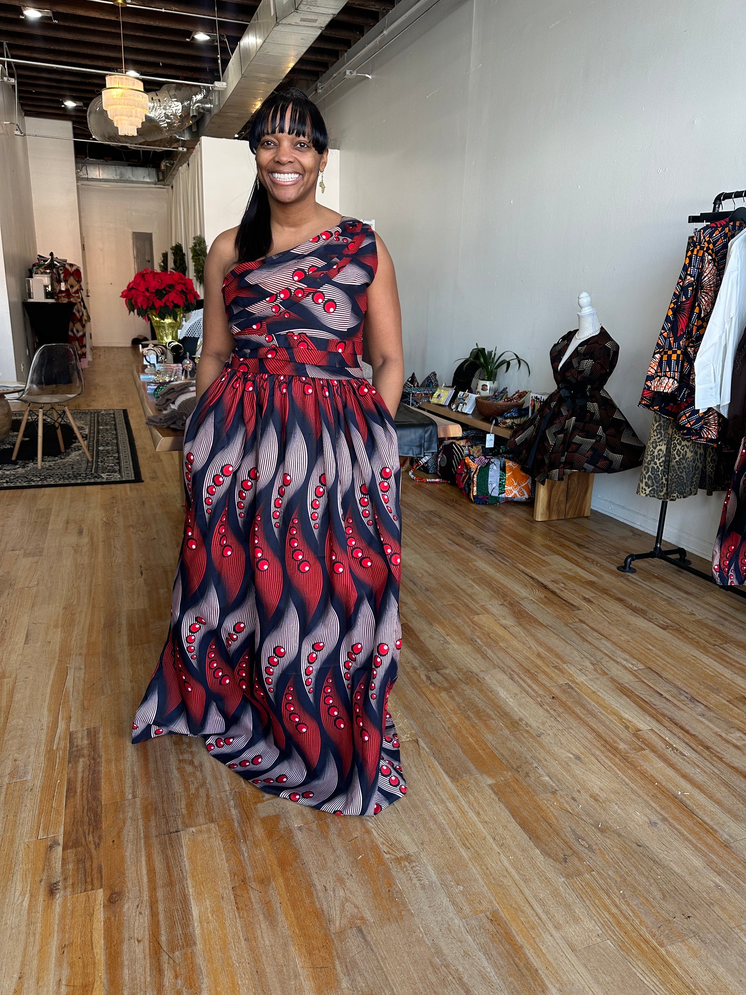 One-Shoulder Red Wave African Print Gown