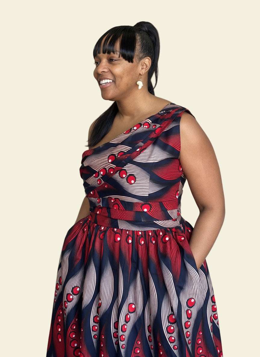 One-Shoulder Red Wave African Print Gown