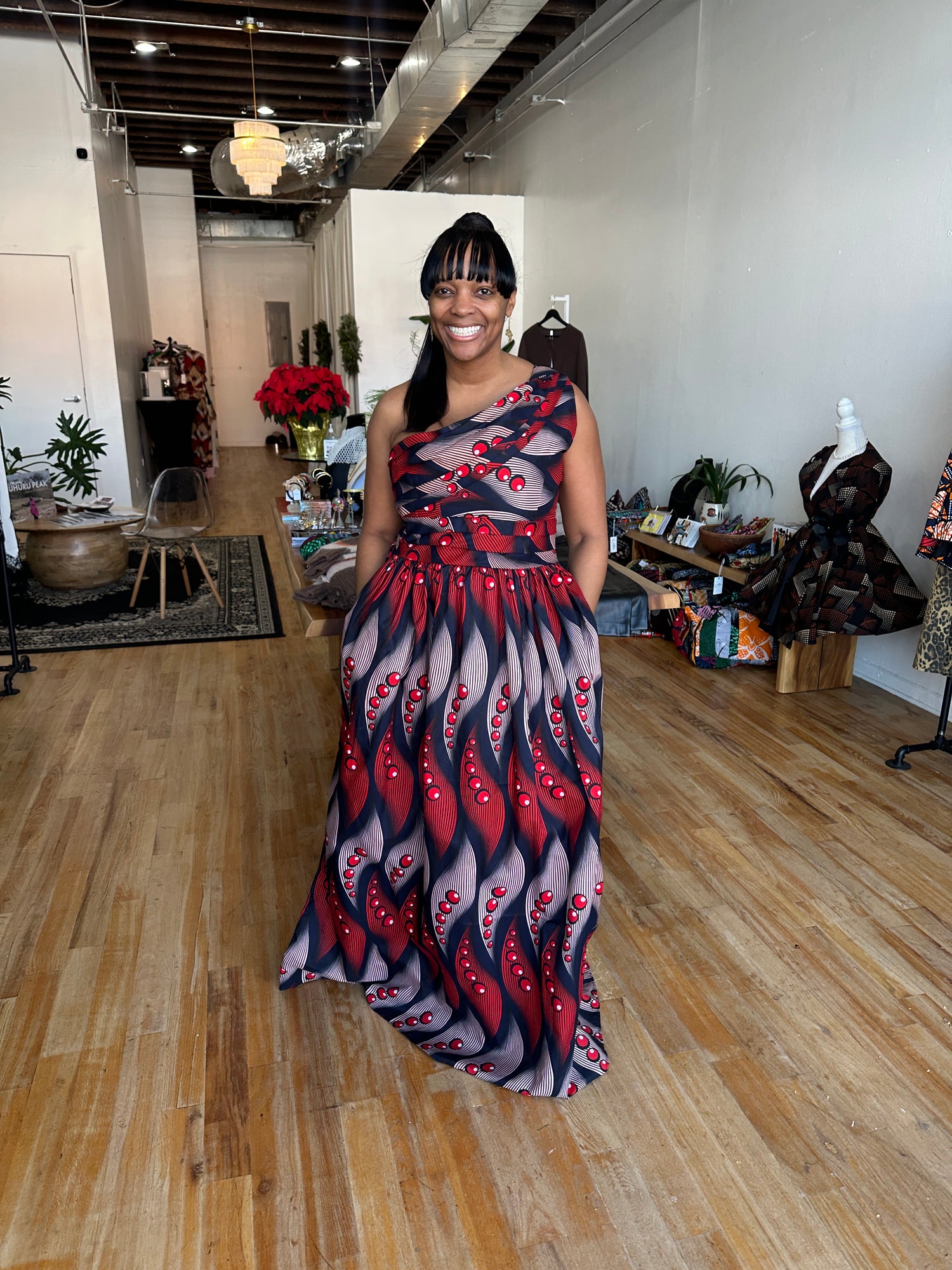 One-Shoulder Red Wave African Print Gown